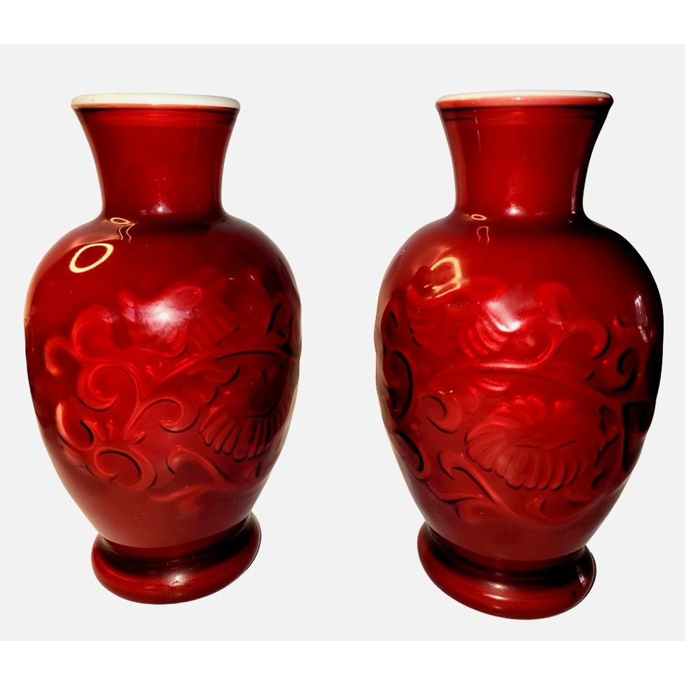 Vintage Avon 1981 Spring Bouquet Set Of 2 Fragranced Vase Oriental Red 42 Years